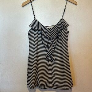 Navy and white striped camisole with ruffle neckline